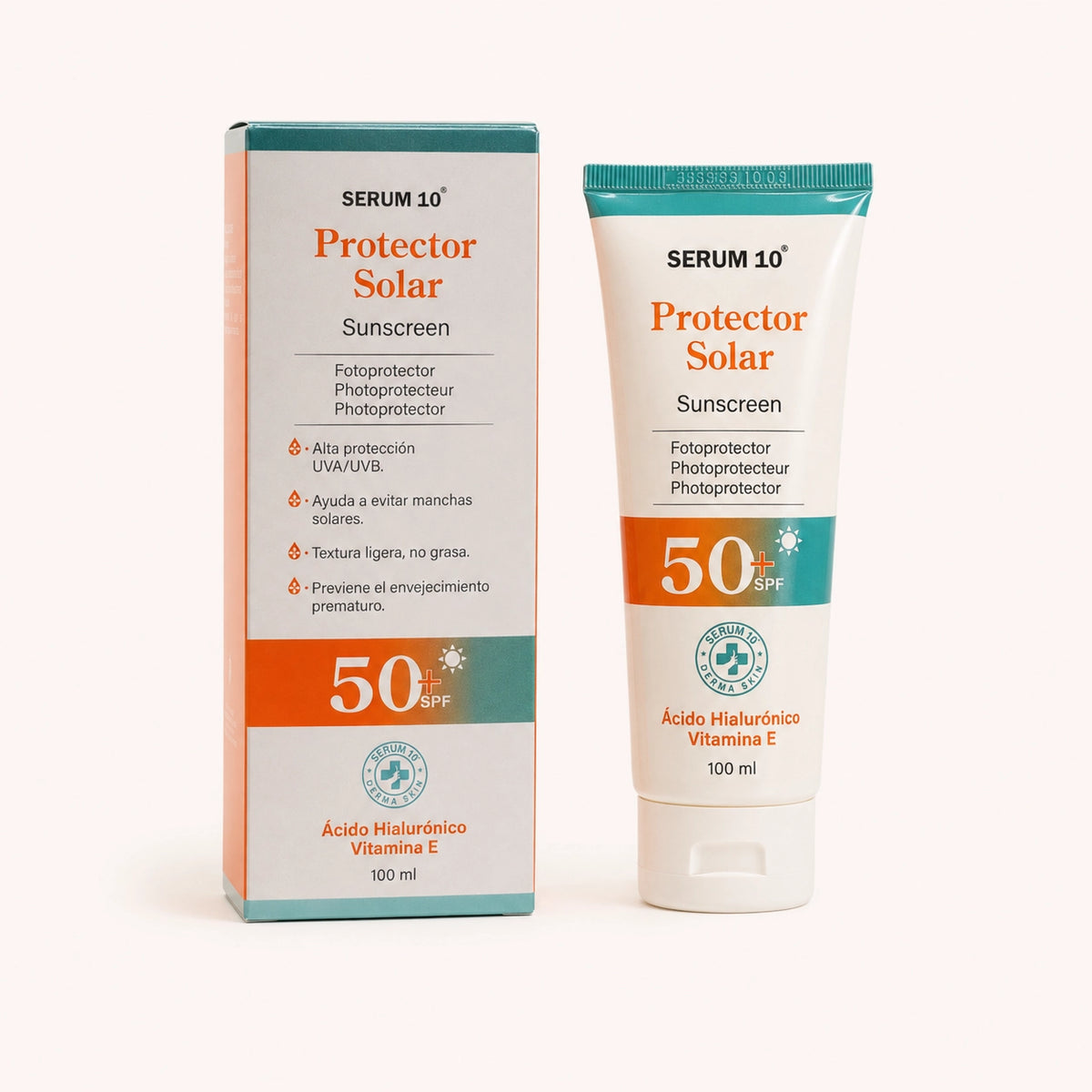 Protector solar 100 ml SERUM 10 junto a su caja