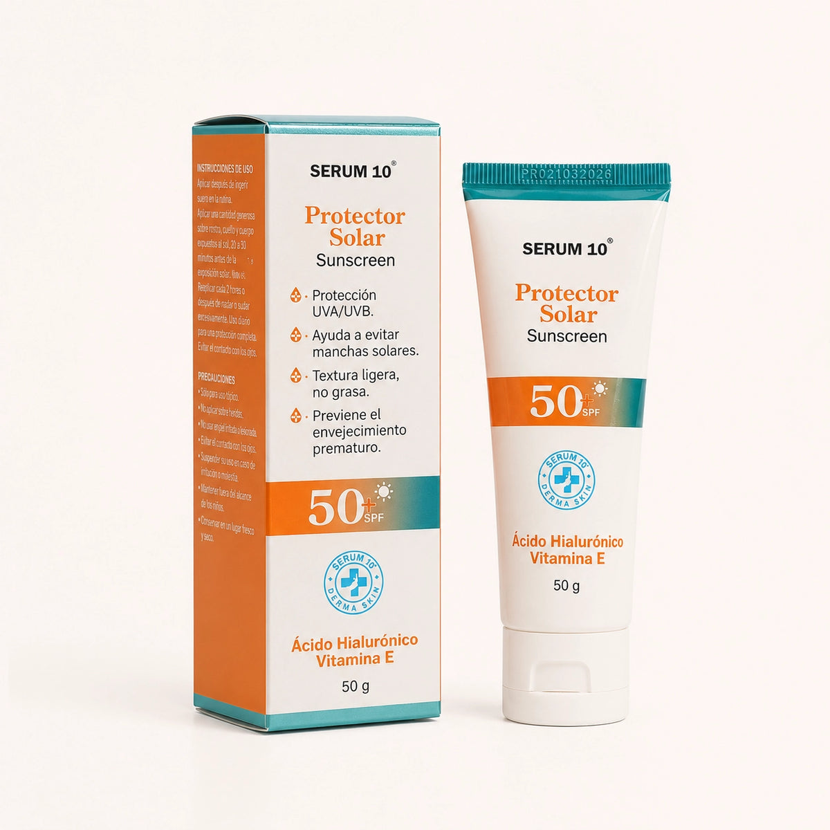 Protector solar 50g SERUM 10 junto a su caja